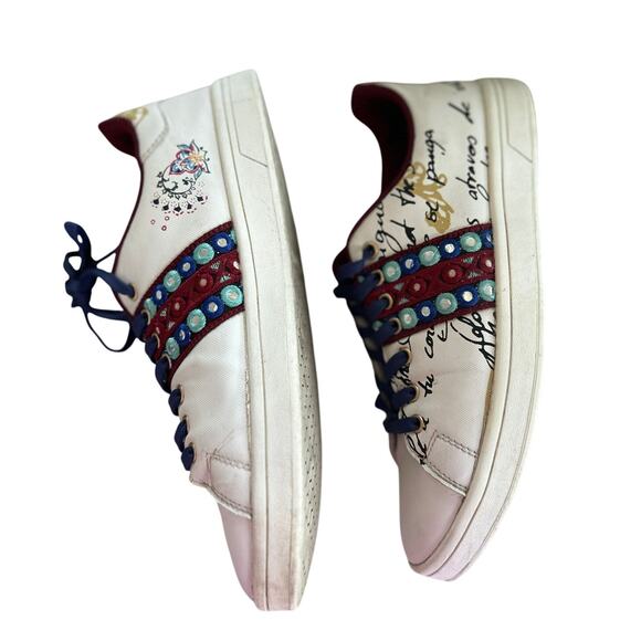 Desigual White Burgundy Aqua Mirror Boho Embellished Leather Sneakers - Picture 3 of 10